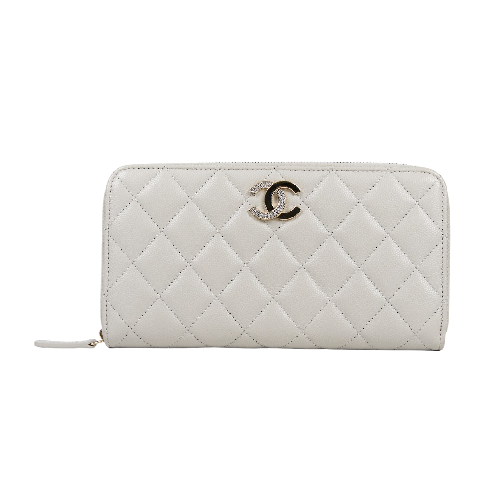 香奈兒 CHANEL CC LOGO 經典拉鍊長夾 粒紋小牛皮 AP0242 晶片款 灰荔枝拉鍊長夾 原廠盒子/防塵袋