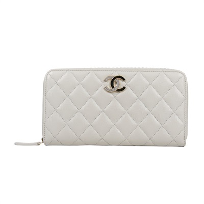 香奈兒 CHANEL CC LOGO 經典拉鍊長夾 粒紋小牛皮 AP0242 晶片款 灰荔枝拉鍊長夾 原廠盒子/防塵袋