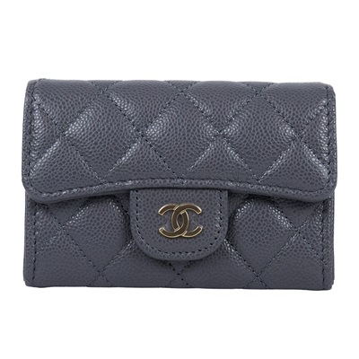 香奈兒 CHANEL 經典口蓋卡片夾 AP0214 深灰淡金荔枝卡包 原廠盒子/防塵袋