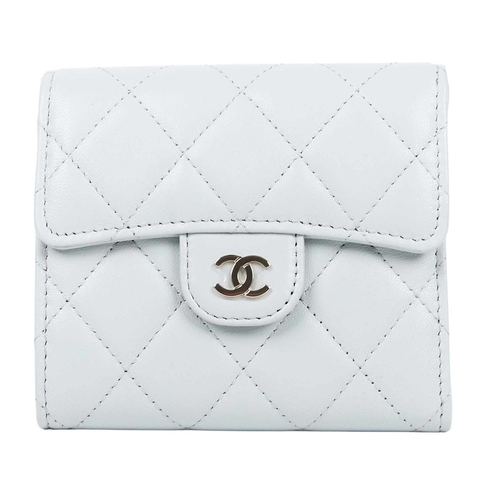 香奈兒 CHANEL 經典 小型 口蓋 皮夾 短夾  AP0231 晶片款 淺灰淡金羊三折短夾 原廠盒子/防塵袋