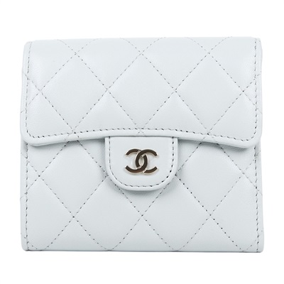 香奈兒 CHANEL 經典 小型 口蓋 皮夾 短夾  AP0231 晶片款 淺灰淡金羊三折短夾 原廠盒子/防塵袋