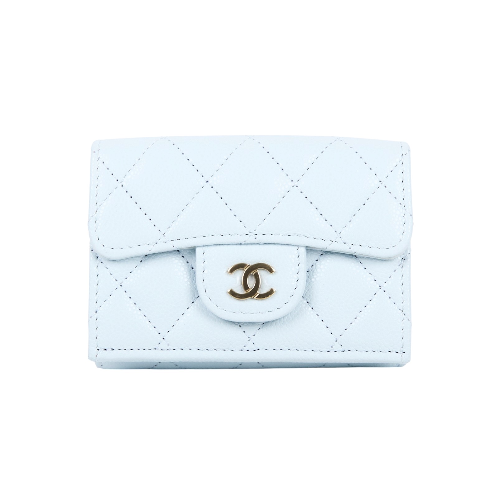 香奈兒 CHANEL 錢包 短夾 AP0230 B10583 晶片款 淺藍金荔枝三折短夾 原廠盒子/防塵袋/購買證明正本