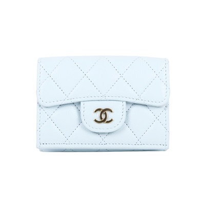 香奈兒 CHANEL 錢包 短夾 AP0230 B10583 晶片款 淺藍金荔枝三折短夾 原廠盒子/防塵袋/購買證明正本