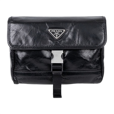 普拉達 PRADA 皮革智能手機套 2ZH108_2CX7 黑油蠟皮斜背包 原廠盒子/購買證明正本