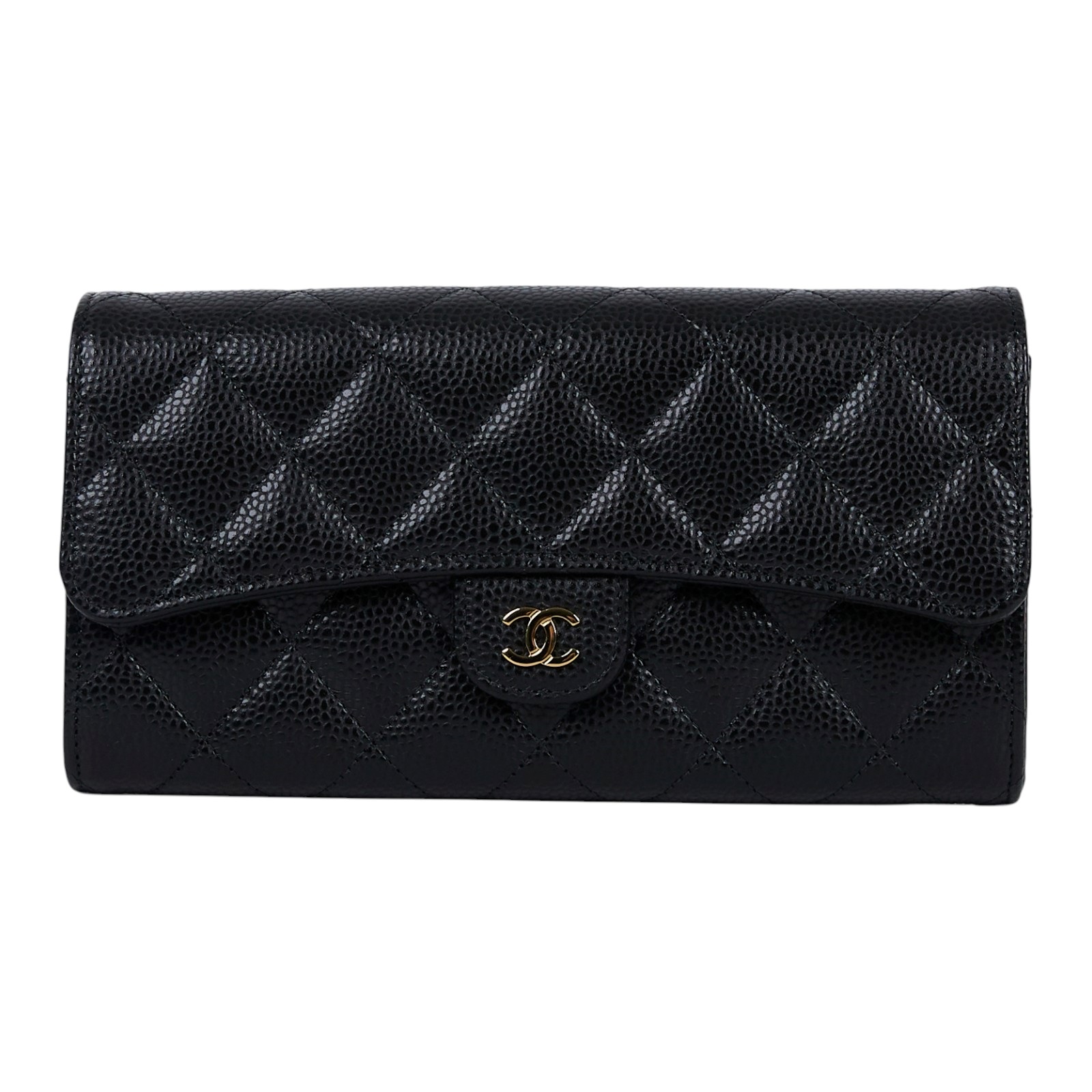 香奈兒 CHANEL 荔枝皮 扣式 翻蓋 二折長夾 AP0241 晶片款 黑金荔枝長夾 無附屬品