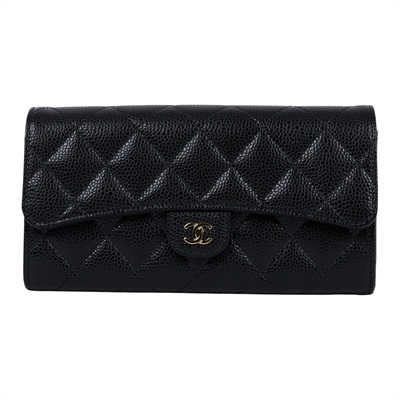 香奈兒 CHANEL 荔枝皮 扣式 翻蓋 二折長夾 AP0241 晶片款 黑金荔枝長夾 無附屬品