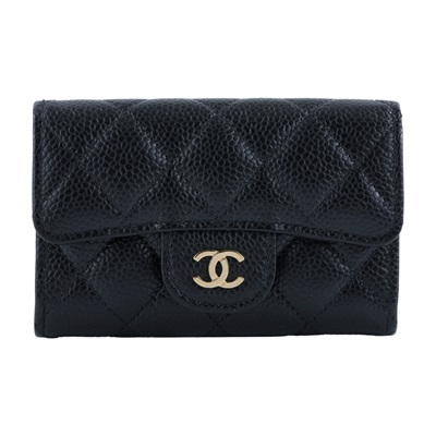 香奈兒 CHANEL 經典口蓋卡片夾 AP0214 31開黑金荔枝單層卡包 原廠盒子/防塵袋/保證卡