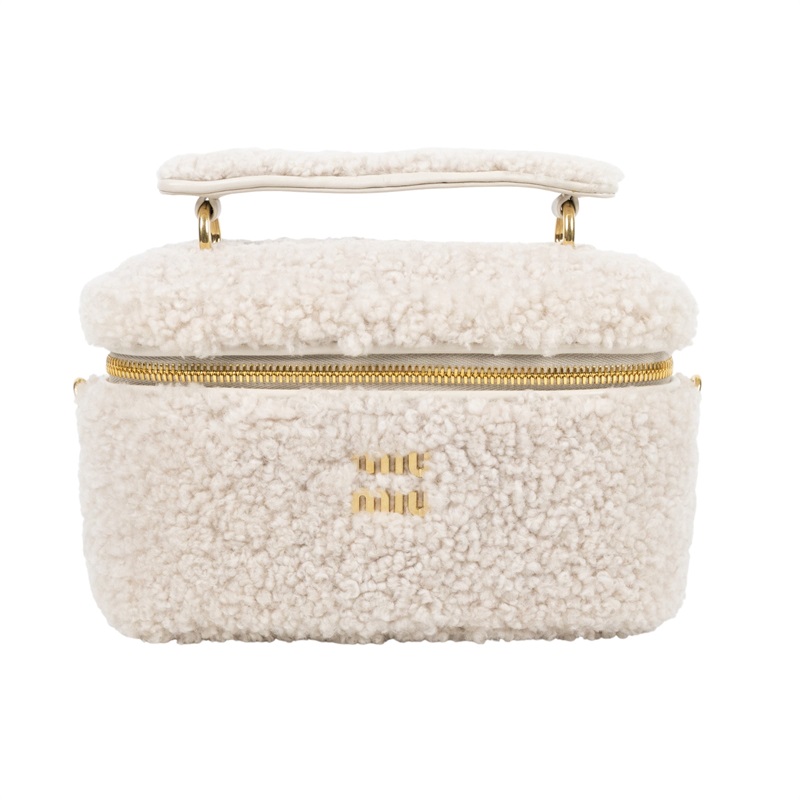 繆繆 MIU MIU 皮革細節綴飾 羊毛 肩背袋 5BH226_2F7T 白羊毛MONTONE 2WAY化妝盒 原廠盒子/防塵袋2/背帶/購買證明正本