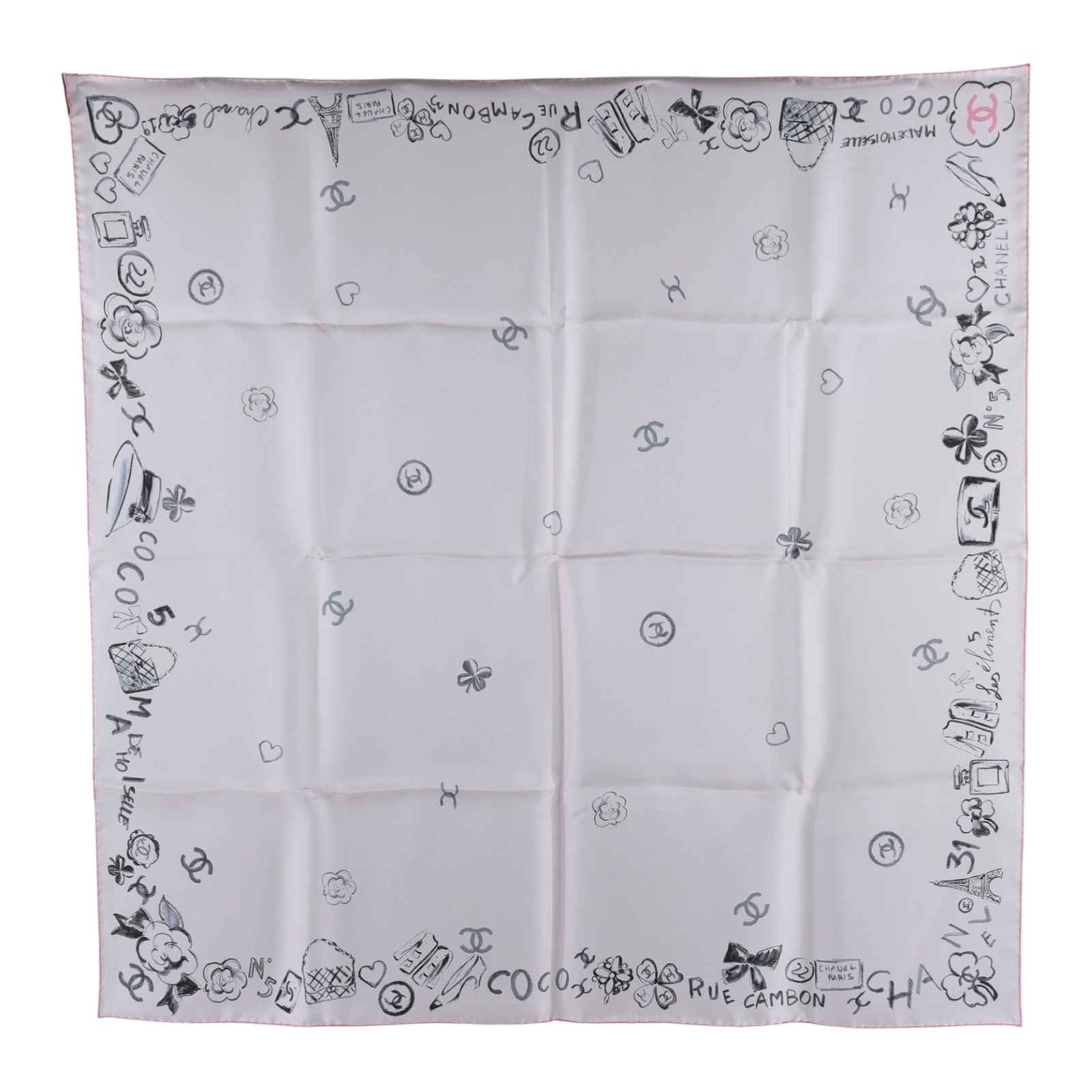 香奈兒 CHANEL CC LOGO 絲巾  粉手繪愛心絲巾90X90 原廠盒子