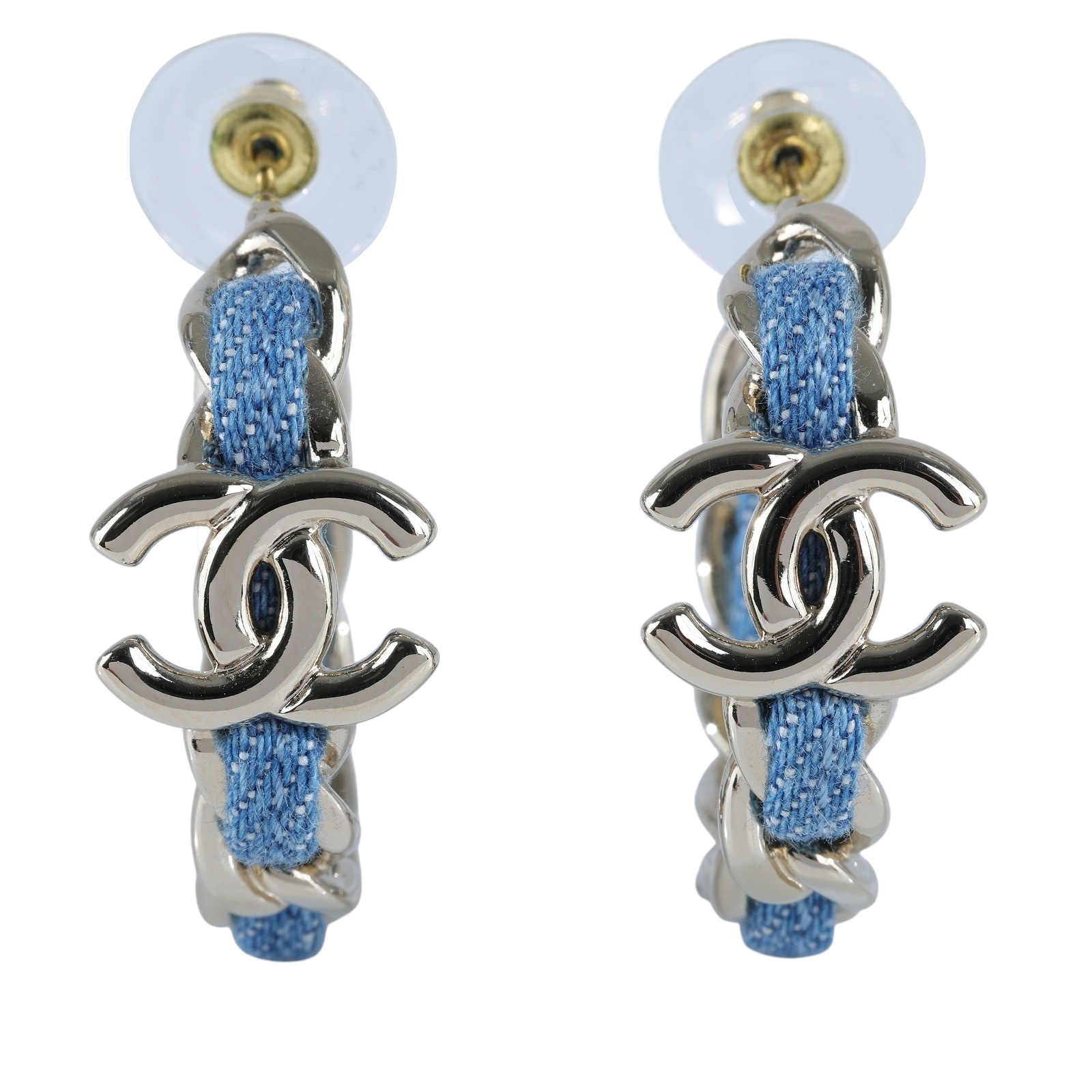 香奈兒 CHANEL CC LOGO 耳環 耳釘 ABF160/B25P 牛仔布穿鍊雙C半圈耳環 原廠盒子/購買證明正本