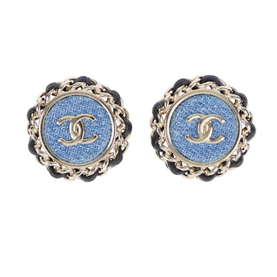 香奈兒 CHANEL CC LOGO 耳環 耳釘 ABF153/B25P 牛仔/皮穿鍊雙C圓耳環 原廠盒子/購買證明影本