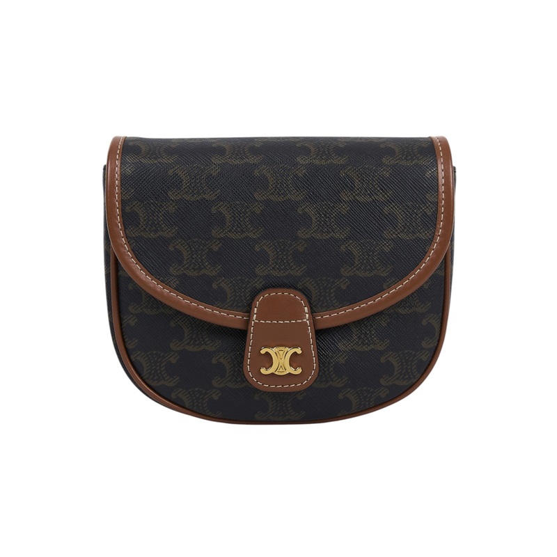 思琳 CELINE Triomphe帆布 小牛皮 迷你 Besace 斜背 肩背 馬鞍包 196702BZJ 黃褐色BESACE CLEA MINI 防塵袋