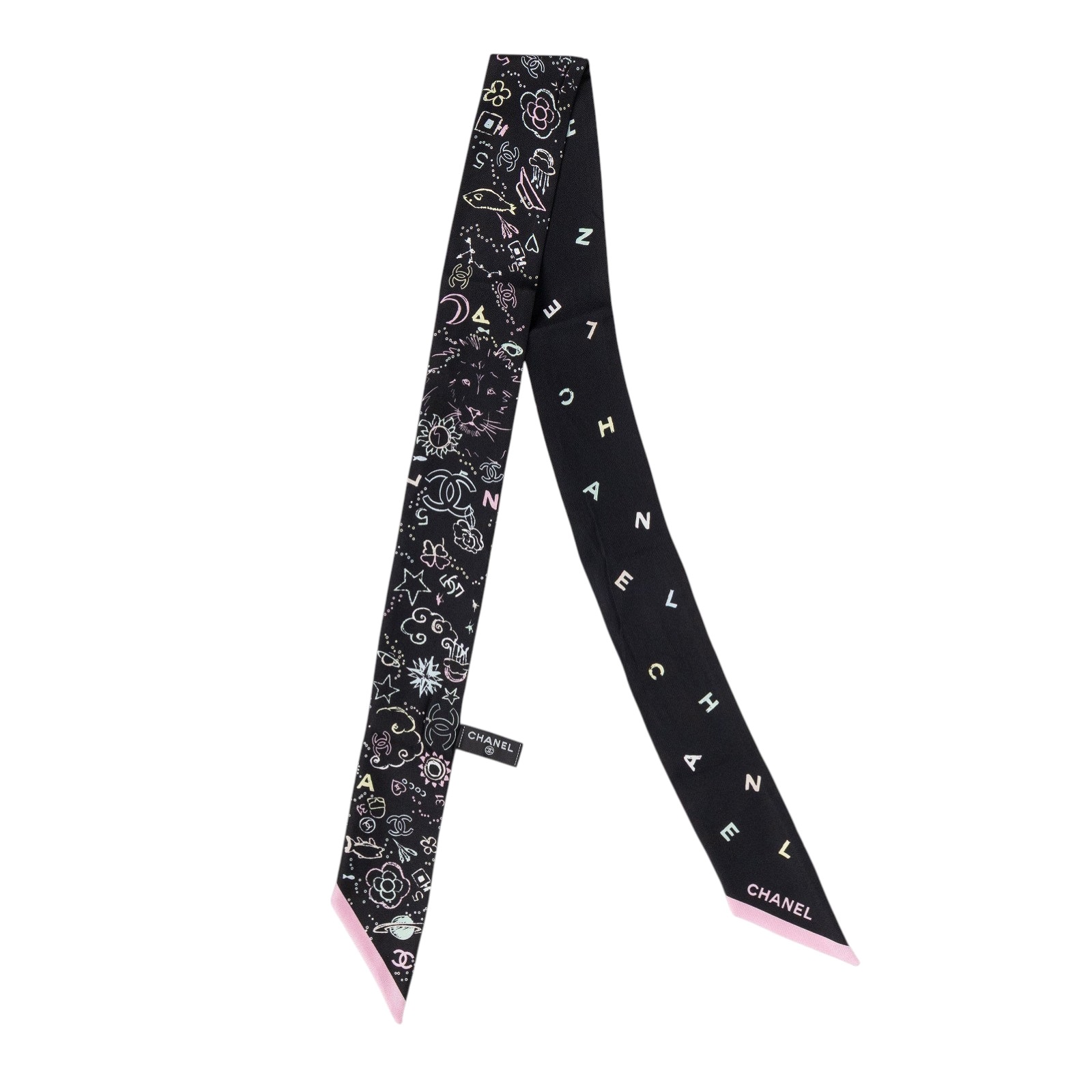 香奈兒 CHANEL CC LOGO 絲巾 AAA665 黑粉塗鴨LOGO代表物TWILLY 原廠盒子/購買證明正本
