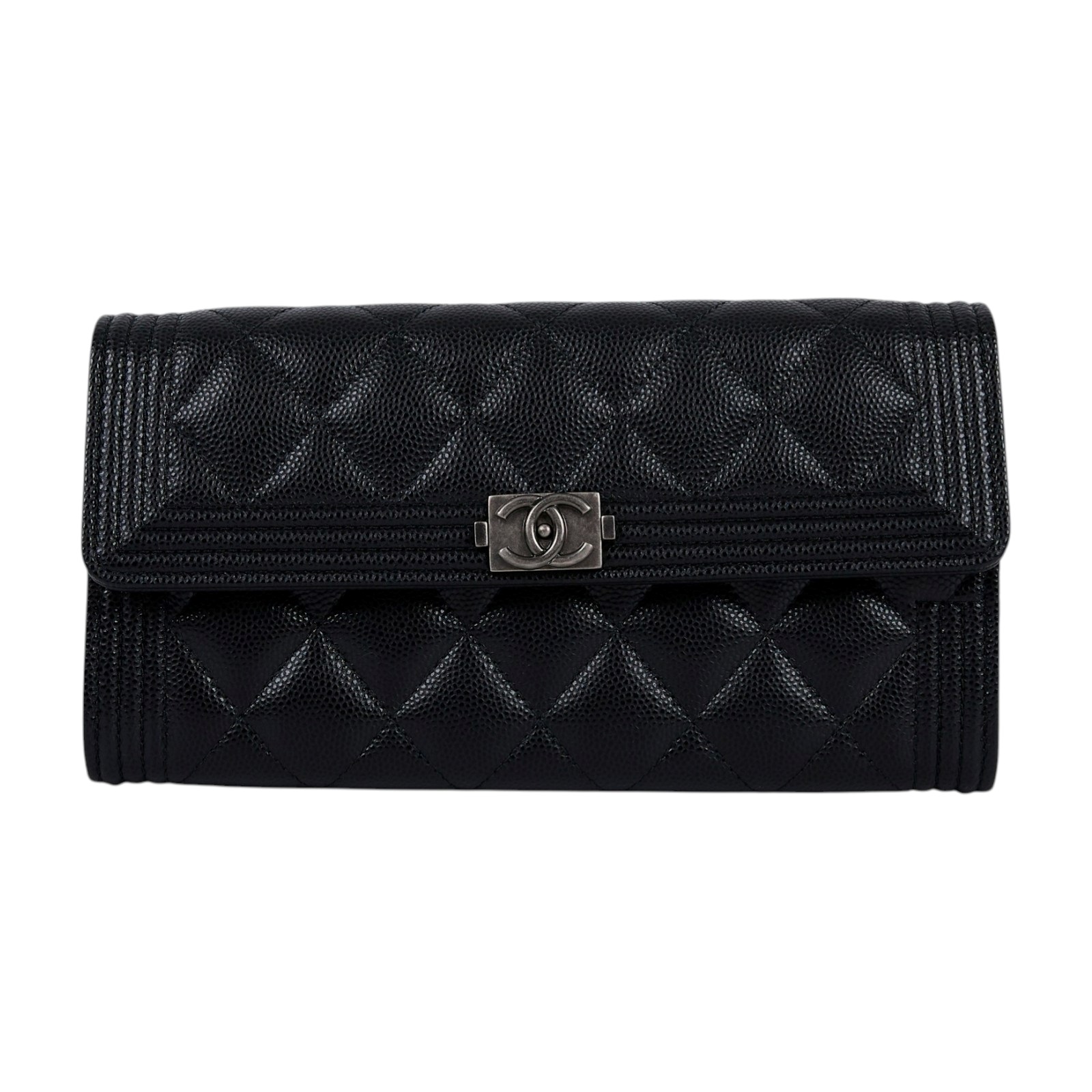 香奈兒 CHANEL Boy 雙C 荔枝皮 牛皮 釦式 長夾 A80286 B01489 31開黑荔枝BOY長夾 原廠盒子/防塵袋/保證卡/購買證明正本