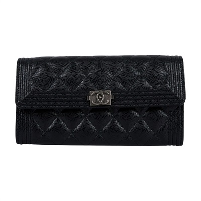 香奈兒 CHANEL Boy 雙C 荔枝皮 牛皮 釦式 長夾 A80286 B01489 31開黑荔枝BOY長夾 原廠盒子/防塵袋/保證卡/購買證明正本