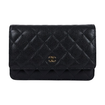 香奈兒 CHANEL 經典鏈子皮夾 菱格紋 CC LOGO AP0250 晶片款 黑金荔枝WOC 原廠盒子/防塵袋