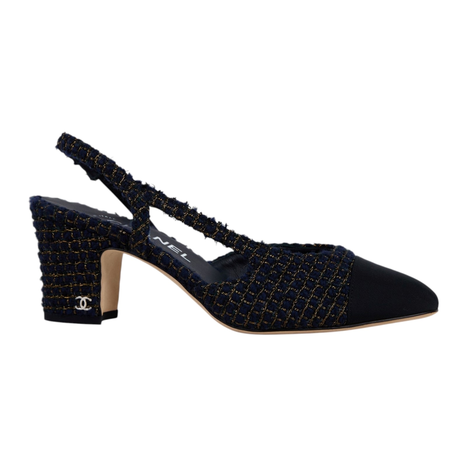 香奈兒 CHANEL 後繫帶 跟鞋 G31318_365 深藍毛呢低跟鞋#36.5 防塵袋/原廠盒子