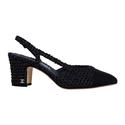 香奈兒 CHANEL 後繫帶 跟鞋 G31318_365 深藍毛呢低跟鞋#36.5 防塵袋/原廠盒子