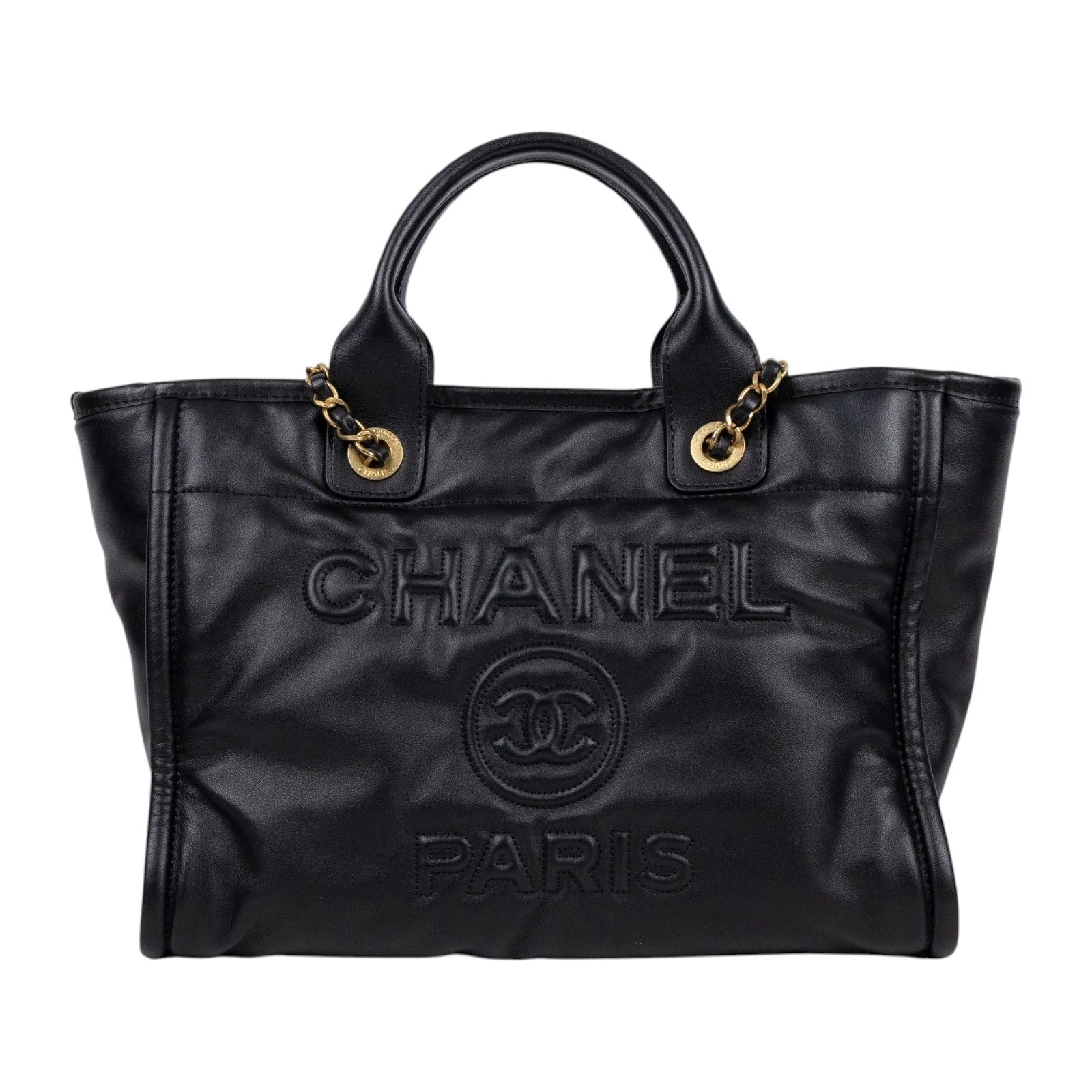 香奈兒 CHANEL 海灘包 小型 AS3257 晶片款 全黑皮革壓紋DEAUVILLE沙灘包 防塵袋/內袋