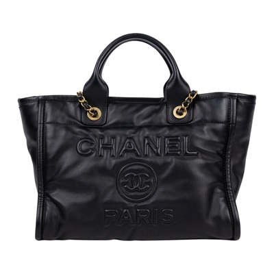 香奈兒 CHANEL 海灘包 小型 AS3257 晶片款 全黑皮革壓紋DEAUVILLE沙灘包 防塵袋/內袋