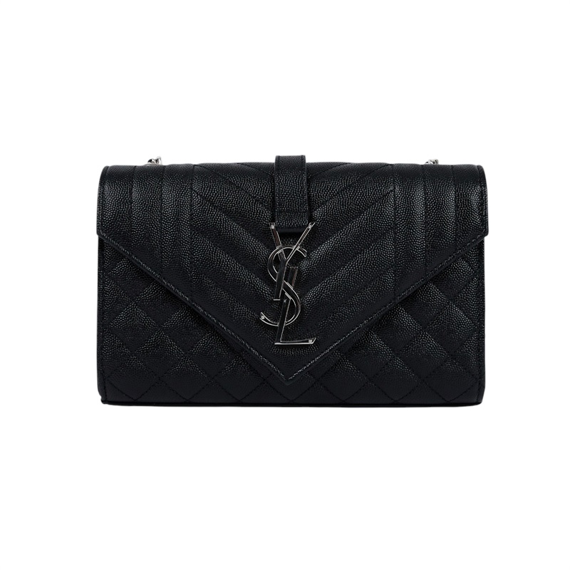 聖羅蘭 YSL SAINT LAURENT Envelope 粒面絎縫皮革 小型 信封袋 銀色五金 600195BOW92 黑銀ENVELOPE鍊條包 無附屬品