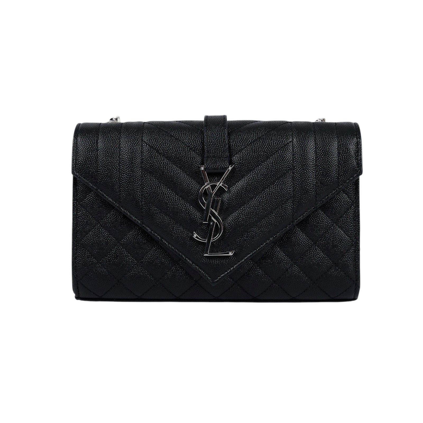 聖羅蘭 YSL SAINT LAURENT Envelope 粒面絎縫皮革 小型 信封袋 銀色五金 600195BOW92 黑銀ENVELOPE鍊條包 無附屬品