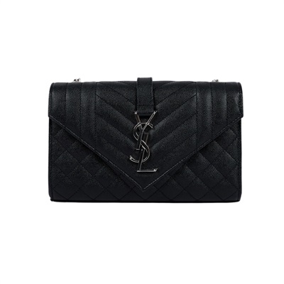 聖羅蘭 YSL SAINT LAURENT Envelope 粒面絎縫皮革 小型 信封袋 銀色五金 600195BOW92 黑銀ENVELOPE鍊條包 無附屬品