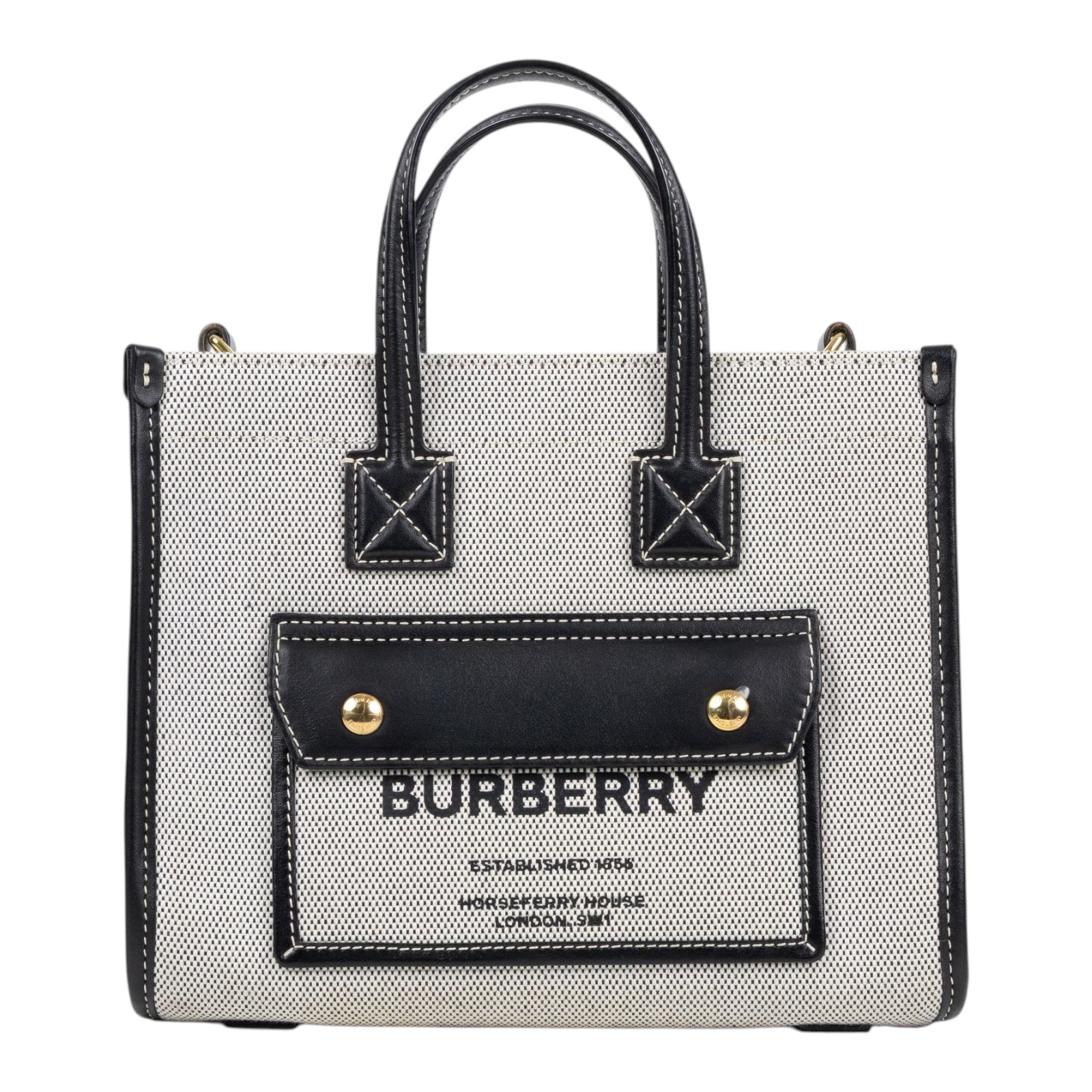 博柏利 BURBERRY Mini Freya Tote 手提包 肩背包 80441421 黑拚灰帆布MINI FREYA 防塵袋/購買證明正本