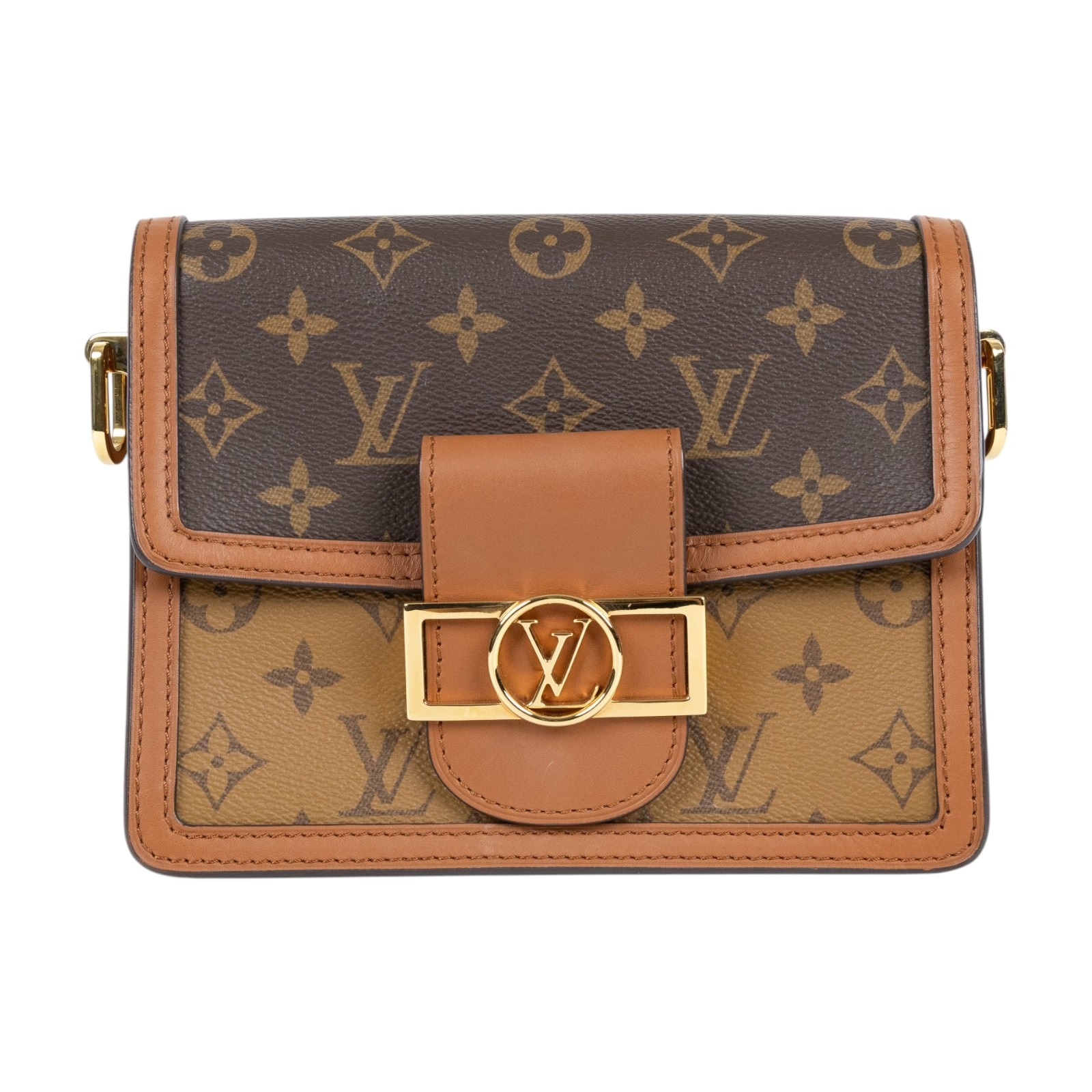 路易威登 LOUIS VUITTON Mini Dauphine Reverse皮革飾邊 迷你 達芙妮 肩背 斜背包 M44580 晶片款  背帶/購買證明正本