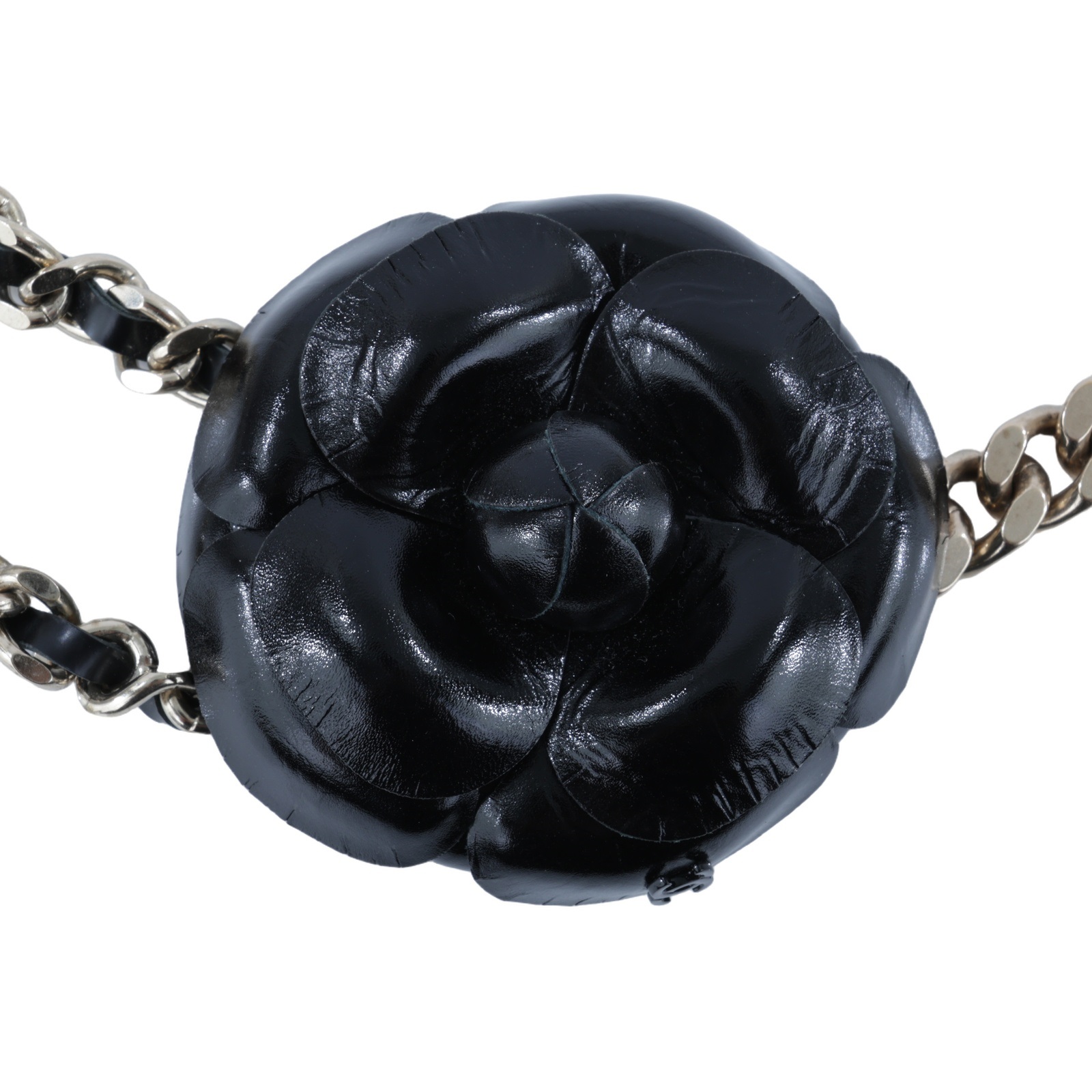 香奈兒 CHANEL 硬殼鏈子小包  黑山茶花淡金皮穿鍊項鍊 無附屬品