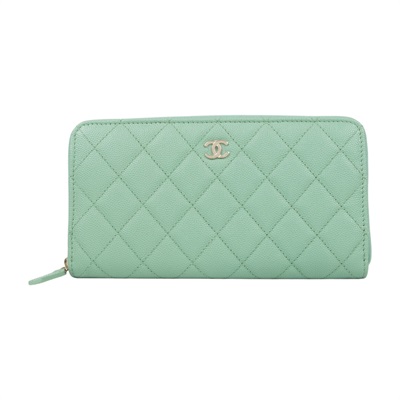 香奈兒 CHANEL CC LOGO 經典拉鍊長夾 AP0242 晶片款 湖水綠荔枝長夾 原廠盒子/防塵袋