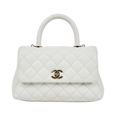 香奈兒 CHANEL Handle 24 手提 口蓋包 A92990 晶片款 白淡金荔枝COCO HANDLE 24 防塵袋/背帶