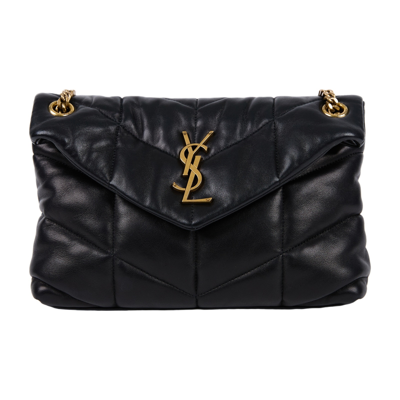 聖羅蘭 YSL SAINT LAURENT Puffer 絎縫納帕皮包 小型 金色五金 5774761EL07 黑金PUFFER小號 防塵袋