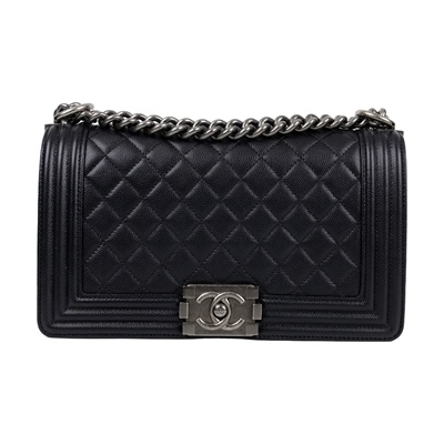 香奈兒 CHANEL Boy 25 斜背 口蓋包  30開 黑色荔枝皮BOY25 防塵袋