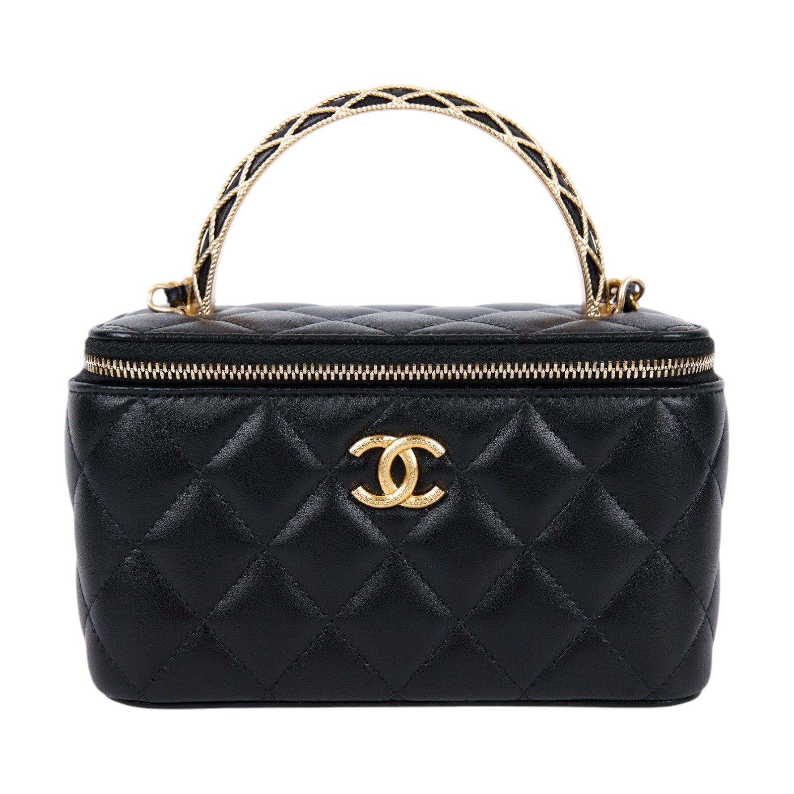 香奈兒 CHANEL Vanity 化妝箱 化妝盒 手提包 肩背包 斜背包 AP3383 B12915 晶片款 黑金羊皮穿鍊手把化妝包 原廠盒子/防塵袋/購買證明影本