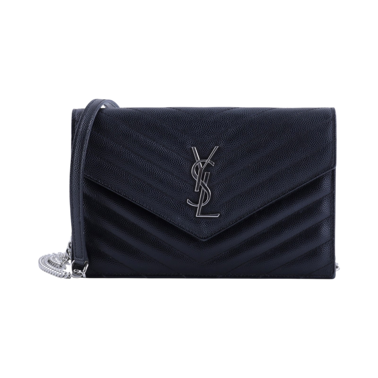 聖羅蘭 YSL SAINT LAURENT 山形紋 鏈袋 信封包 銀扣 393953BOW02 黑銀魚子醬WOC 原廠盒子/防塵袋