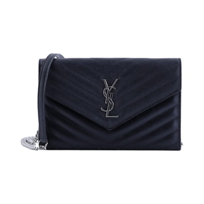 聖羅蘭 YSL SAINT LAURENT 山形紋 鏈袋 信封包 銀扣 393953BOW02 黑銀魚子醬WOC 原廠盒子/防塵袋