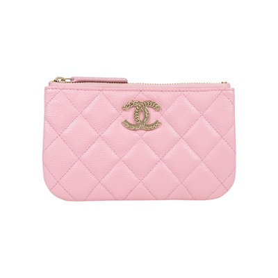 香奈兒 CHANEL CC LOGO 零錢包 卡包 錢包 手拿包 AP3053 晶片款 櫻花粉荔枝拉鍊POUCH 原廠盒子/防塵袋
