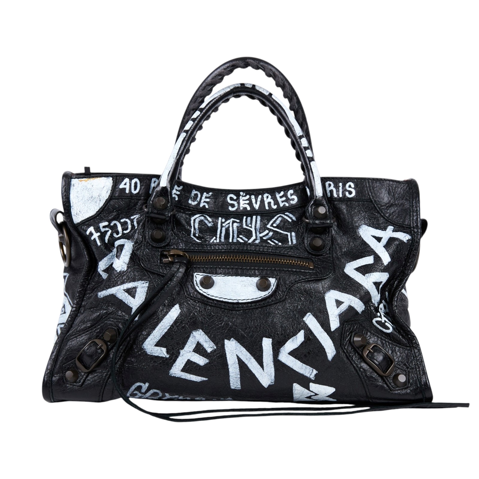 巴黎世家 BALENCIAGA CLassic City S 機車包 431621 黑白塗鴉CITY機車包 MINI 背帶/鏡子