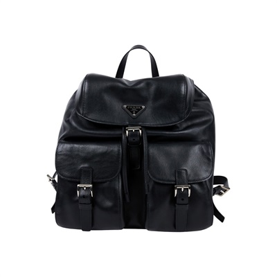 普拉達 PRADA 中型 背囊 後背包 1BZ811_2HE5 黑牛皮束口後背包 無附屬品