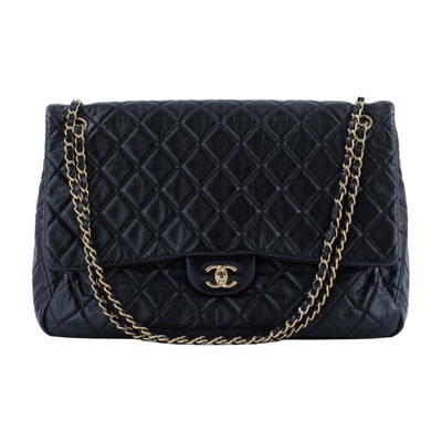 香奈兒 CHANEL 超大型 口蓋包  晶片款 黑金粒紋機場包 XXL 無附屬品