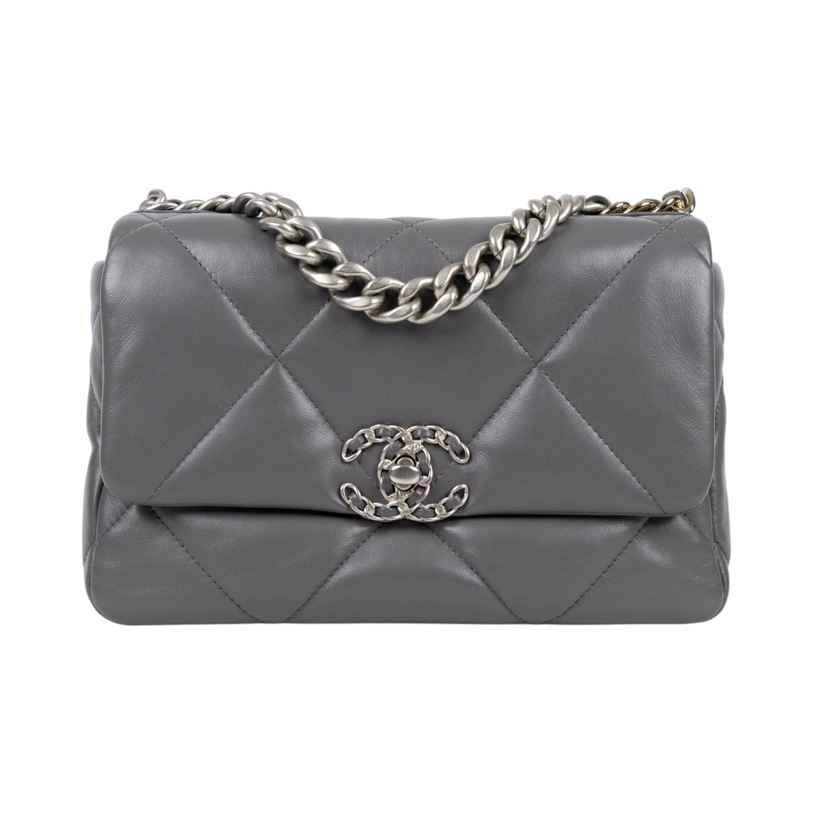 香奈兒 CHANEL 19 口蓋包 菱格紋 金銀鍊帶 手提 肩背包 AS1160 B07327 灰銀19 26CM 原廠盒子/防塵袋/購買證明