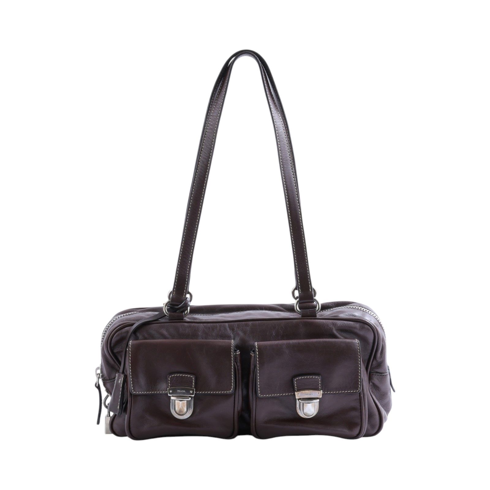 普拉達 PRADA Push Lock Pocket 肩背包  深咖肩背 鎖組
