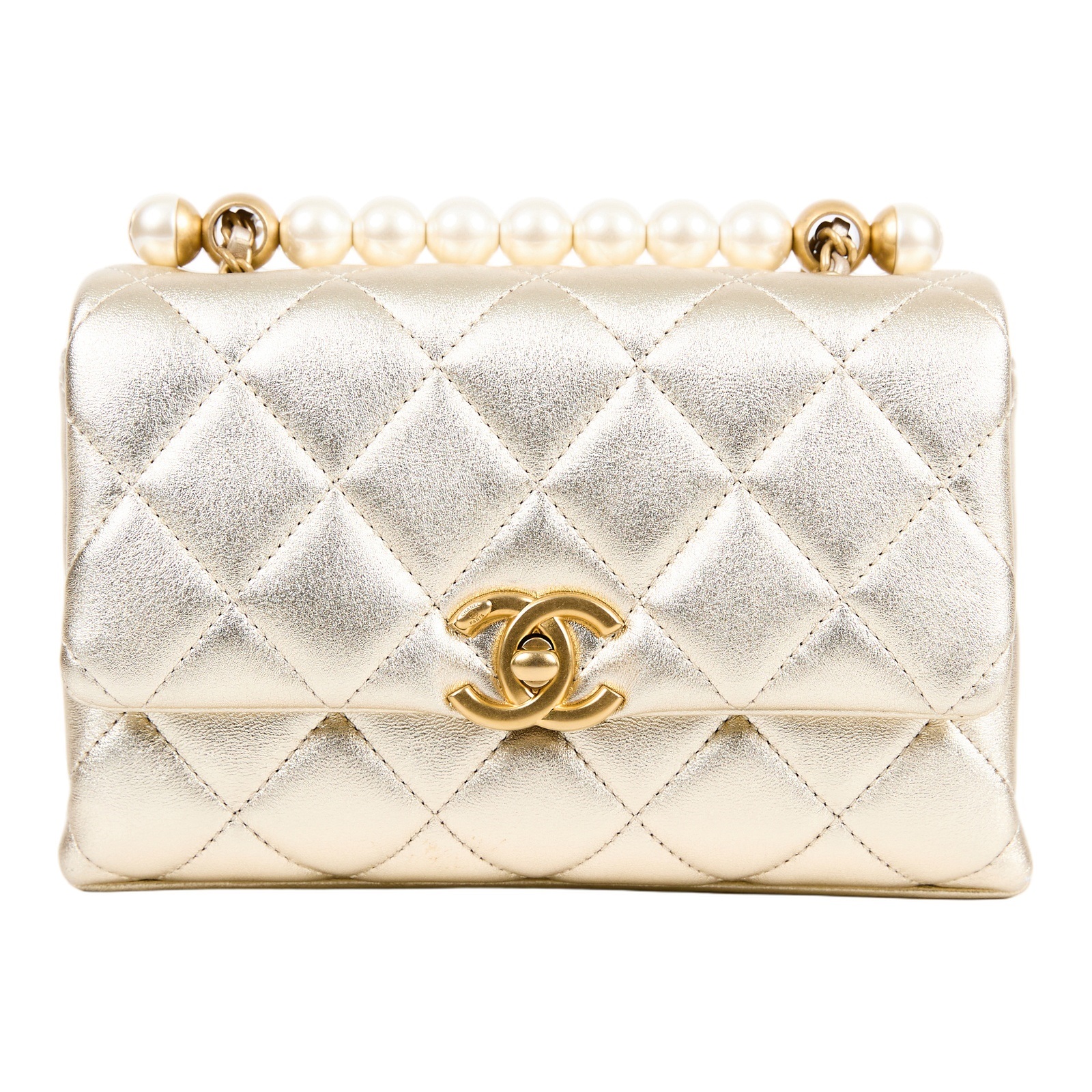 香奈兒 CHANEL MINI FLAP 手提包 肩背包 斜背包 AS5001 晶片款 金色羊皮珍珠鍊條包 原廠盒子