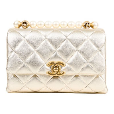 香奈兒 CHANEL MINI FLAP 手提包 肩背包 斜背包 AS5001 晶片款 金色羊皮珍珠鍊條包 原廠盒子