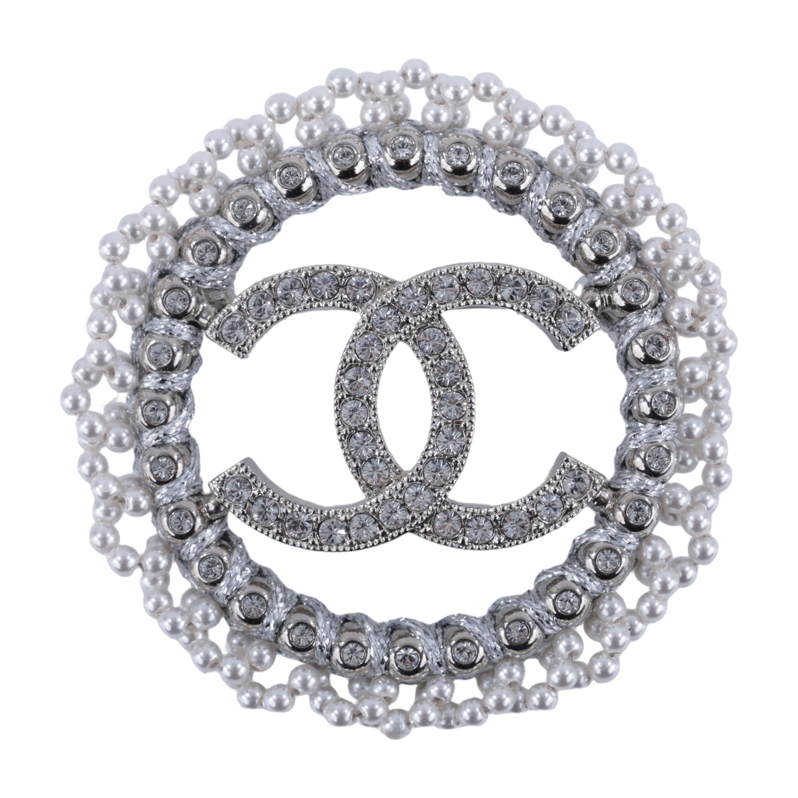 香奈兒 CHANEL CC LOGO 胸針 ABF468 B19982C25 P 銀雙C鑲水鑽外圈珍珠胸針 原廠盒子/內襯