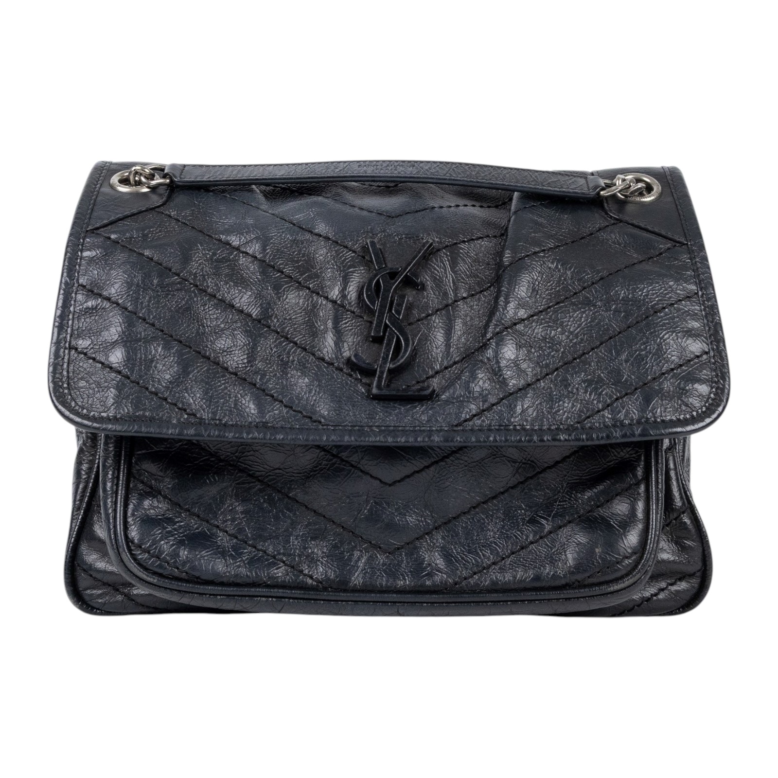 聖羅蘭 YSL SAINT LAURENT NIKI  復古皮革 山型紋 翻蓋 肩背包 中型 4988940EN04 黑NIKI中號 防塵袋