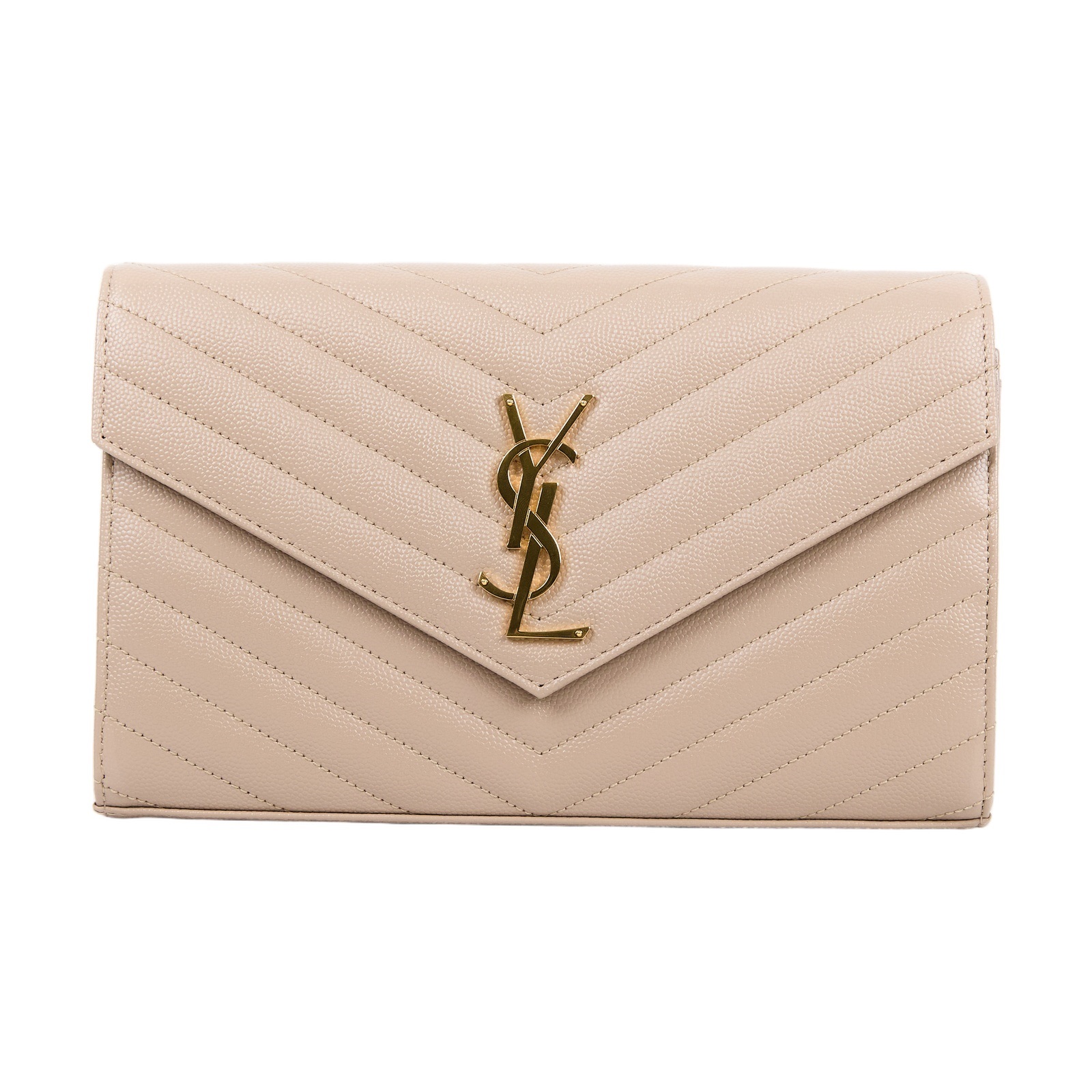聖羅蘭 YSL SAINT LAURENT Cassandre 經典粒面皮革 鏈條 錢包 金色五金 377828BOW01 米色WOC 大 保證卡