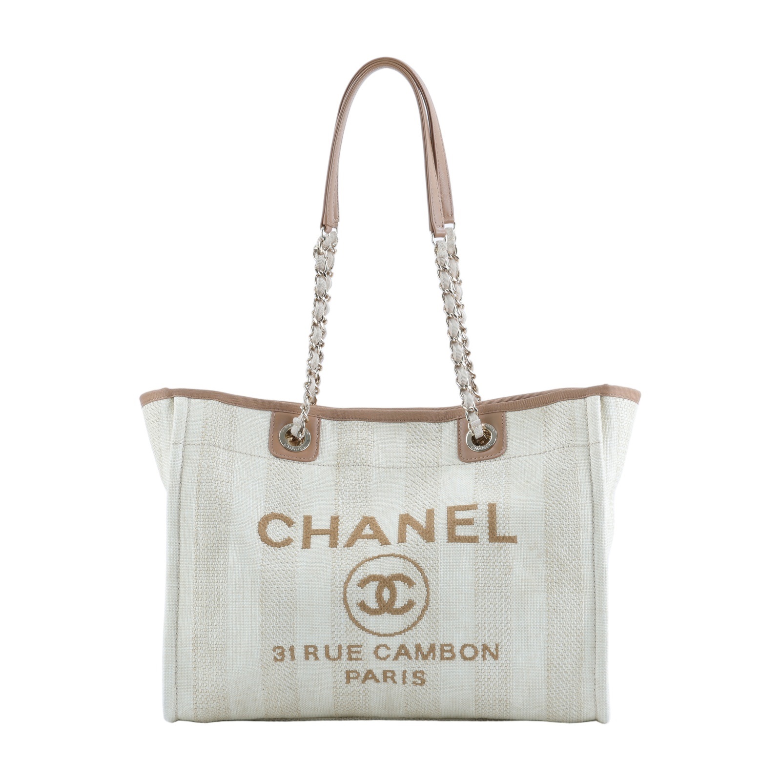 香奈兒 CHANEL DEAUVILLE MM 沙灘 托特包 A67001 29開 米杏直紋DEAUVILLE沙灘包MEDIUM 原廠盒子/保證卡