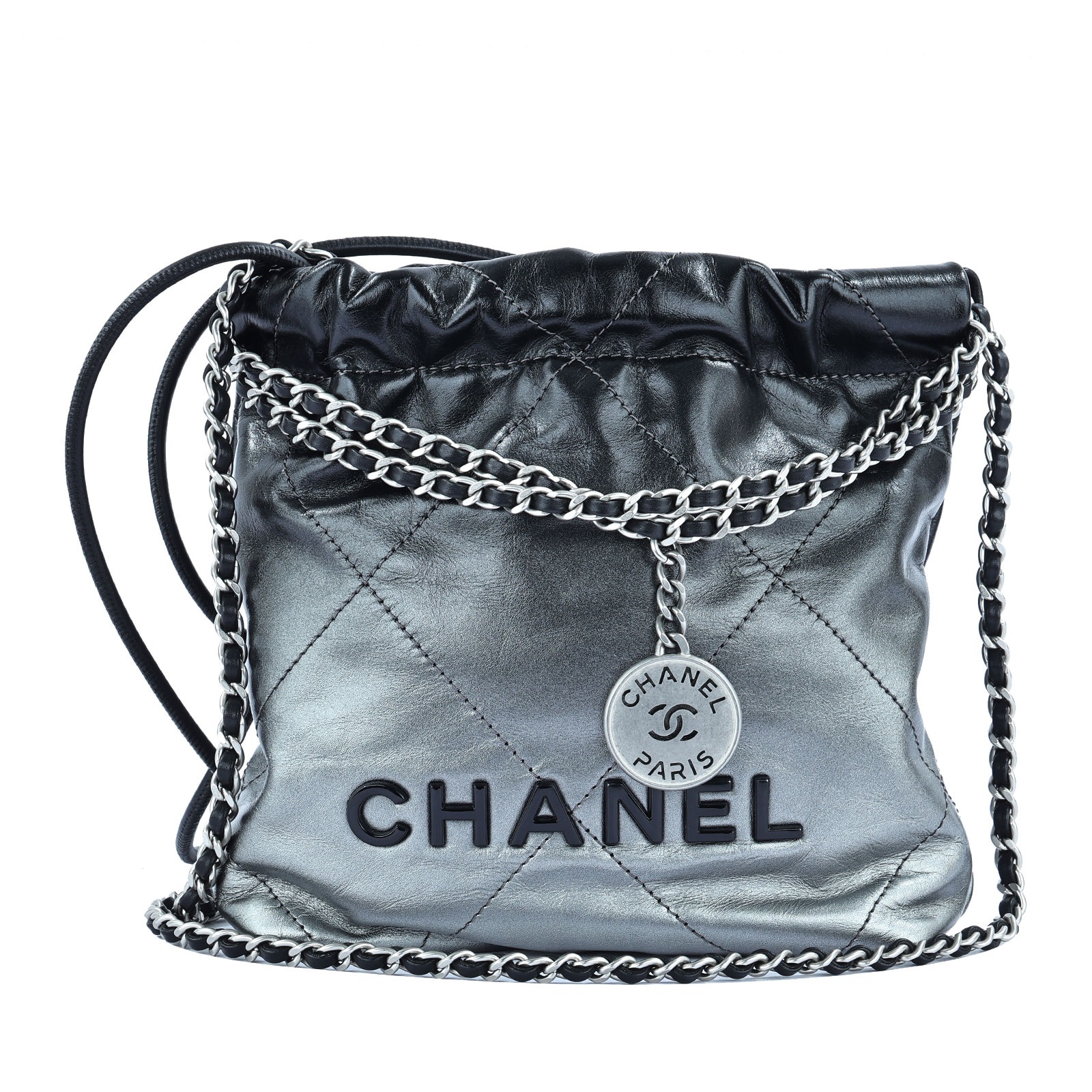 香奈兒 CHANEL 22 迷你 束口包  晶片款 黑銀漸層22 MINI 防塵袋/原廠盒子/購買證明影本